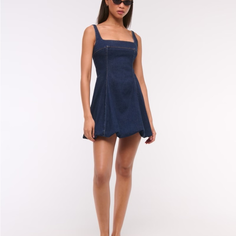 Square neck bubble hem denim mini dress